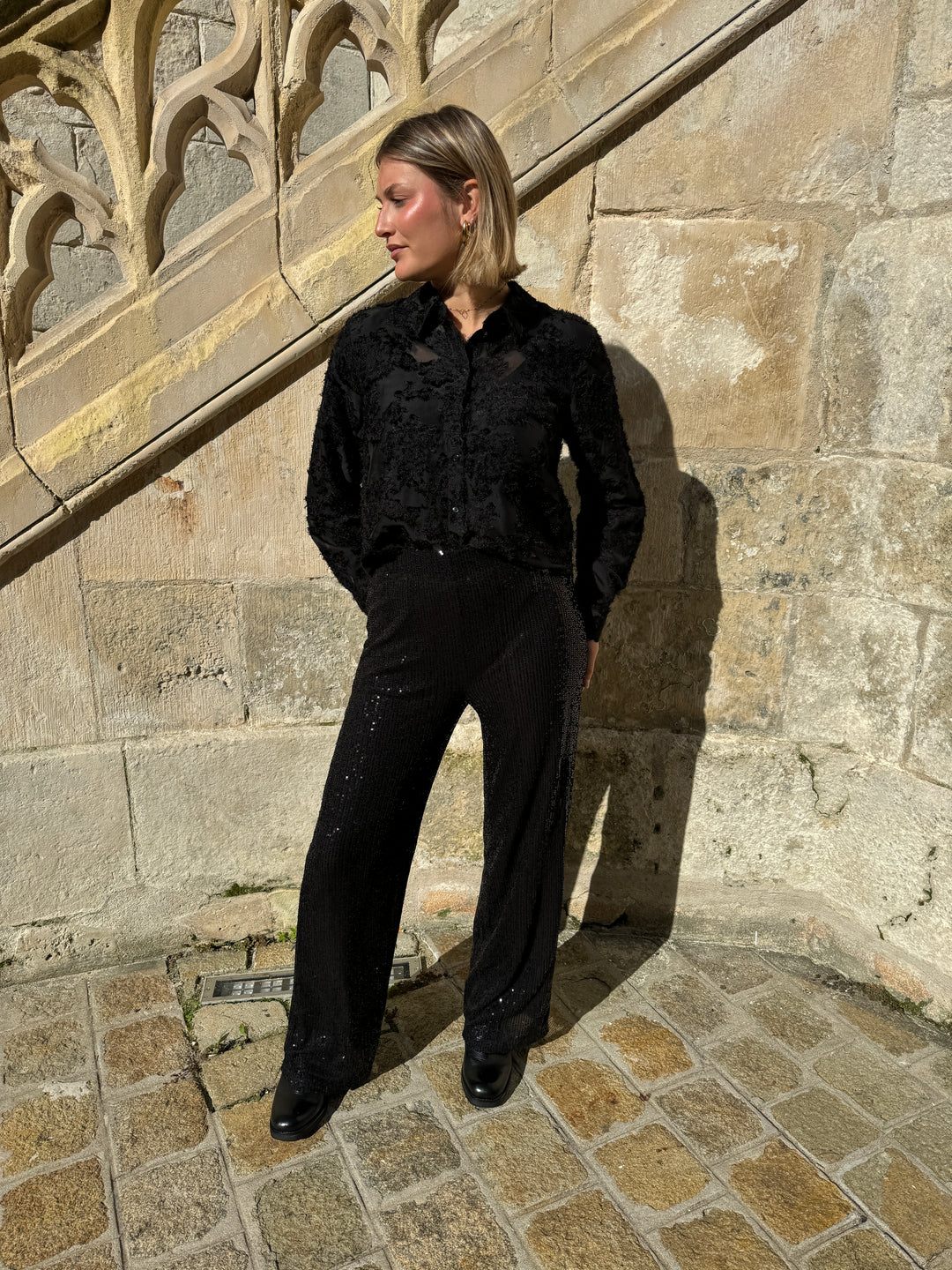 Pantalon à sequins noir fluide coupe droite IRINA