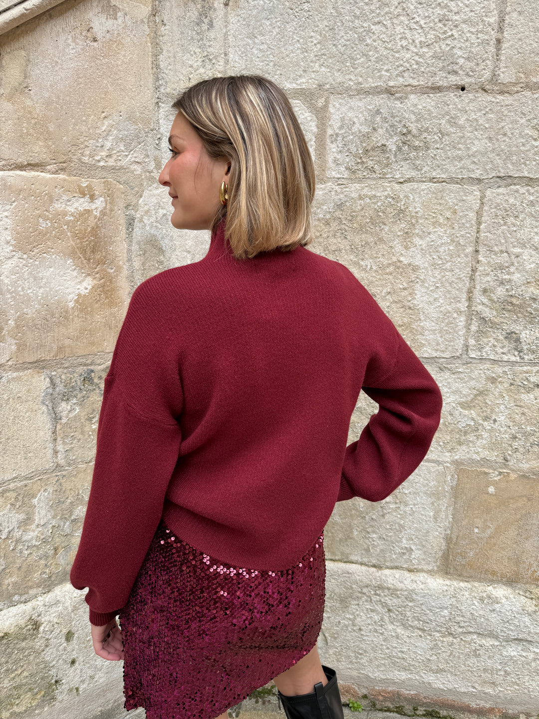 Pull bordeaux col cheminée ABELLE