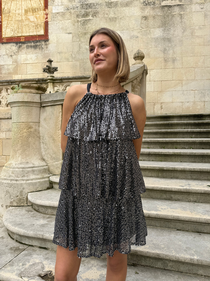 Robe à sequins argent trapèze ENORA