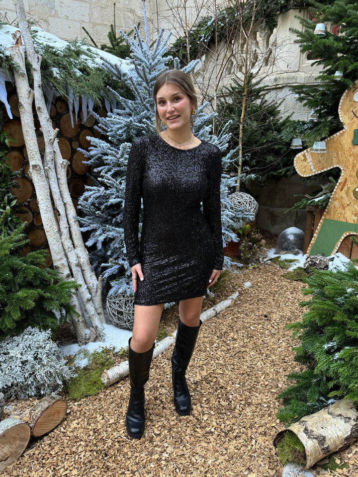 Robe courte à sequins noir dos nu BIANCA