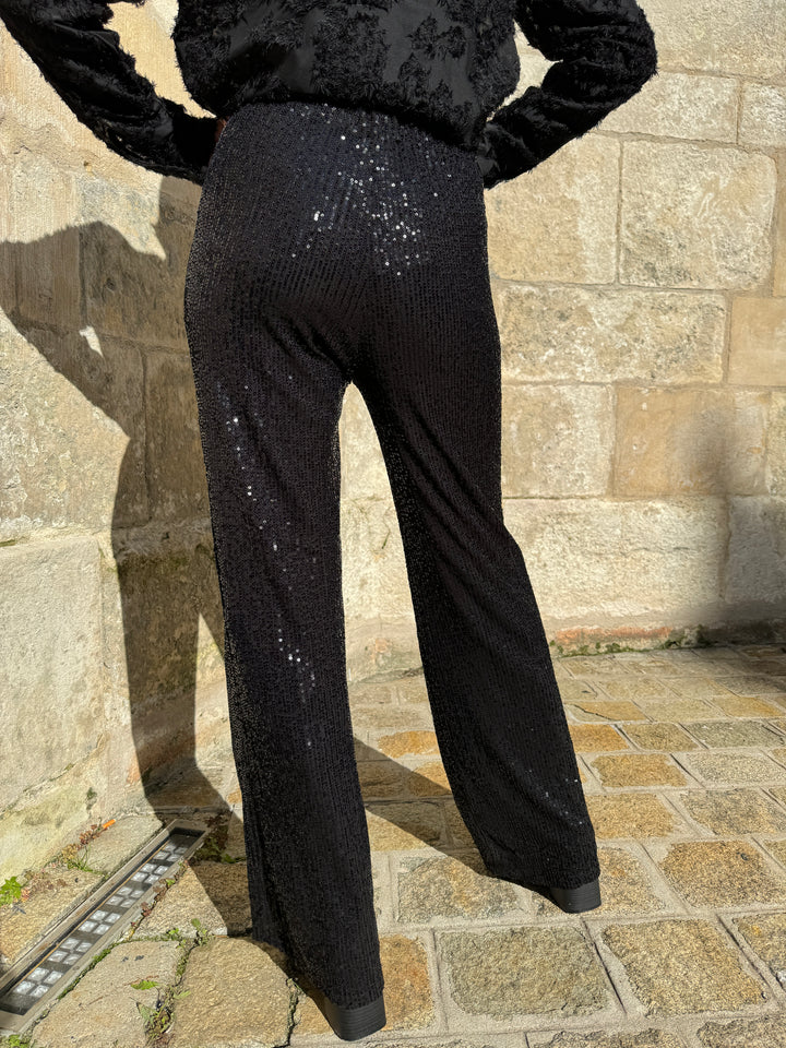 Pantalon à sequins noir fluide coupe droite IRINA