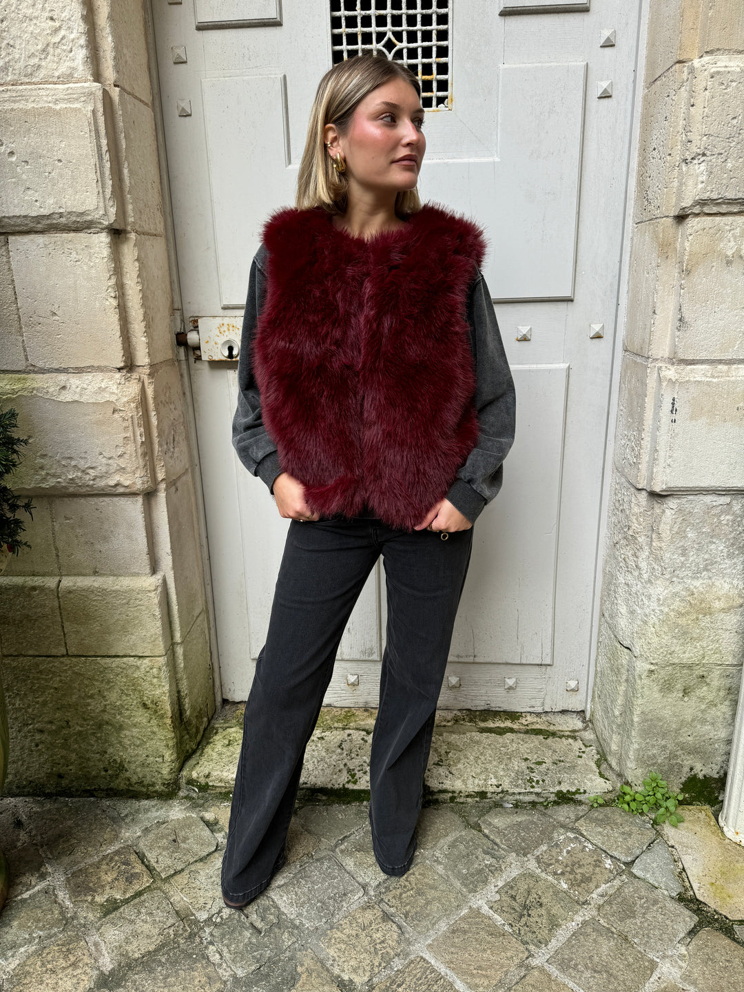 Veste sans manche fourrure bordeaux FLAVIA