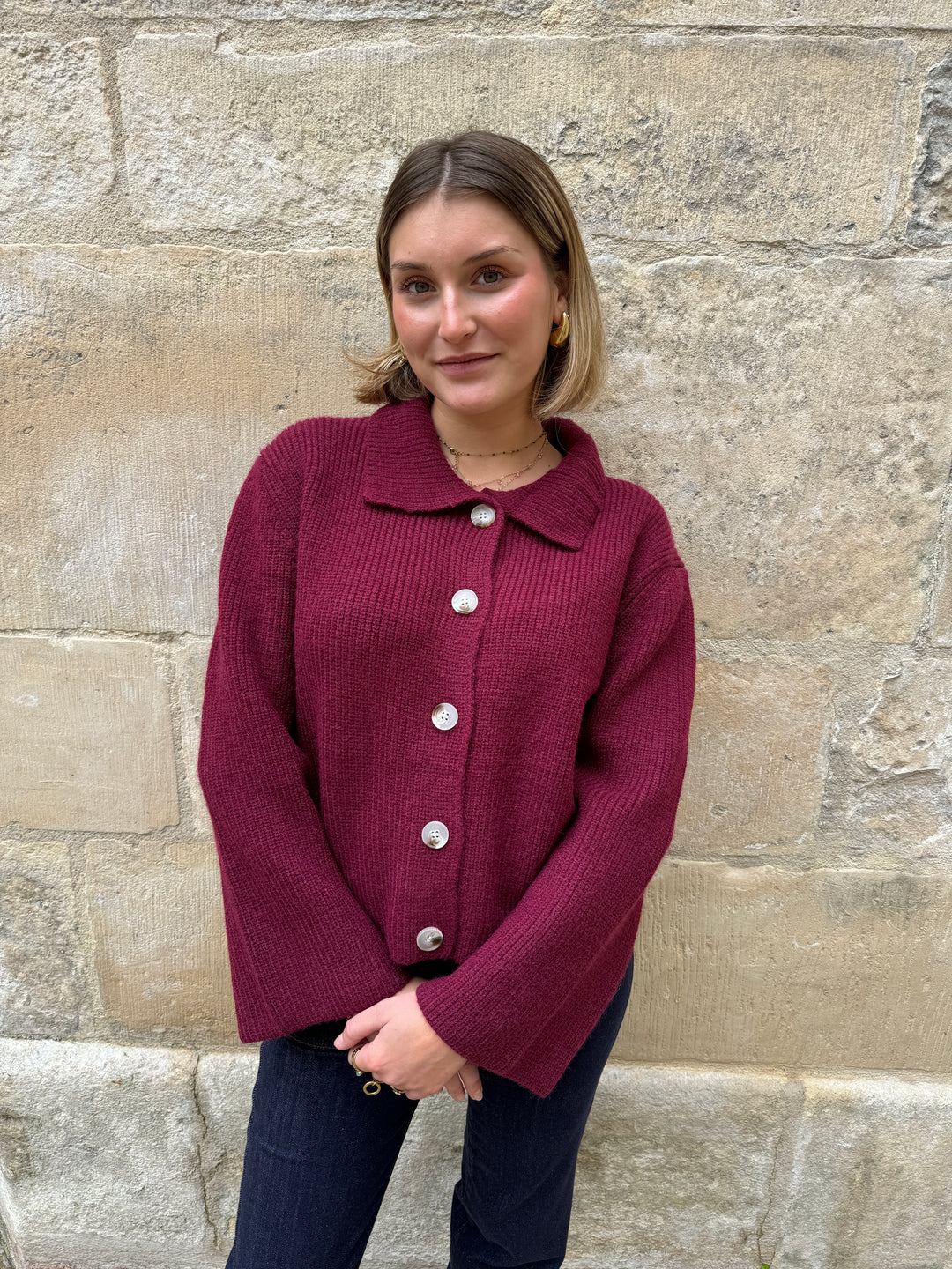 Gilet bordeaux col polo en maille ADELIE