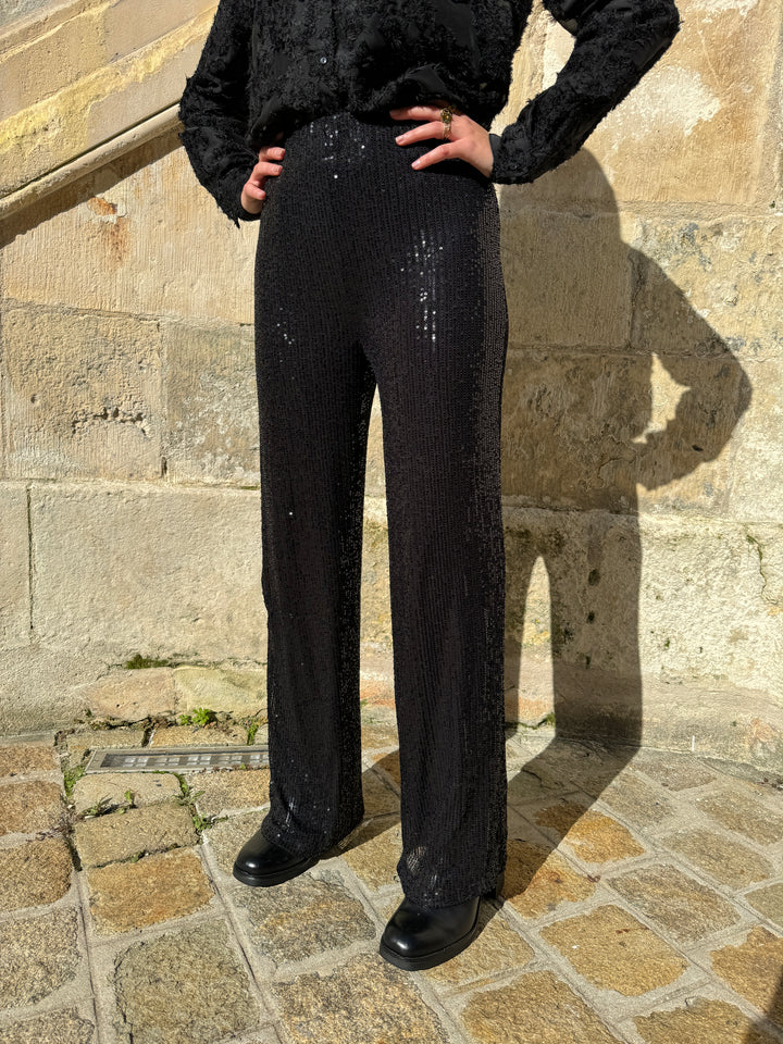 Pantalon à sequins noir fluide coupe droite IRINA