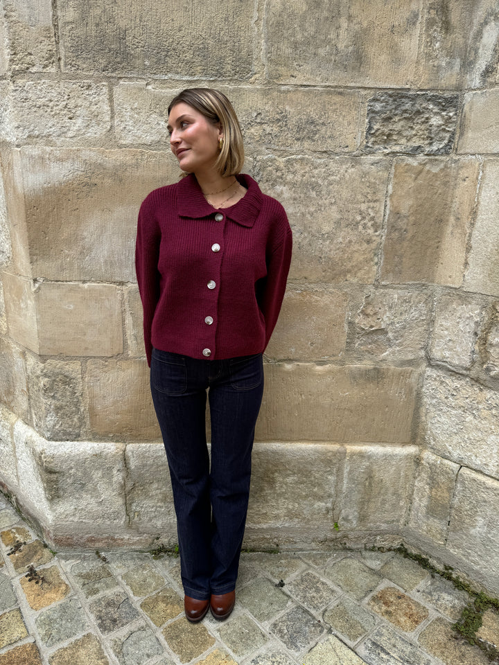 Gilet bordeaux col polo en maille ADELIE