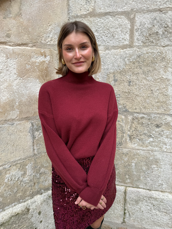 Pull bordeaux col cheminée ABELLE