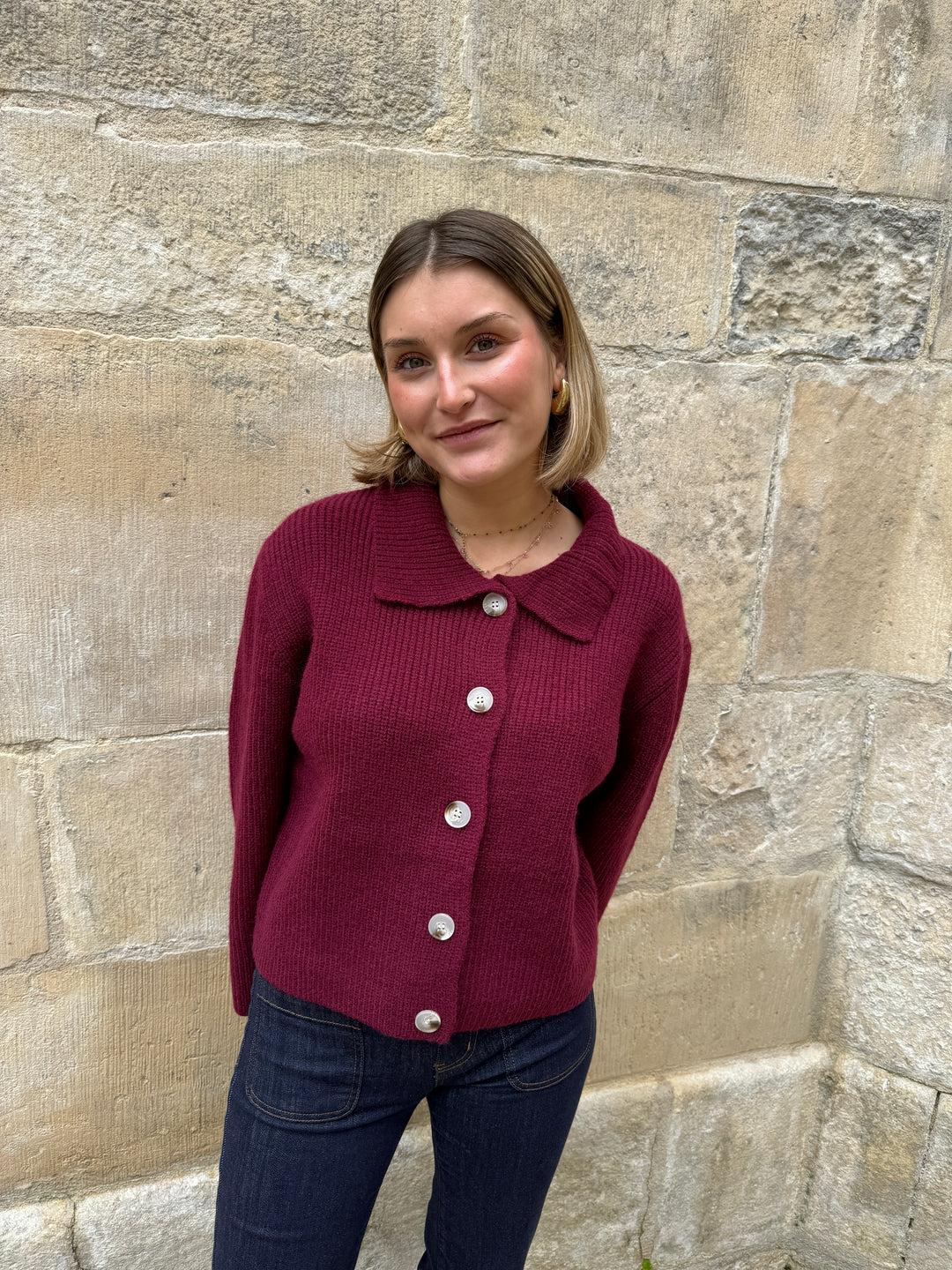 Gilet bordeaux col polo en maille ADELIE