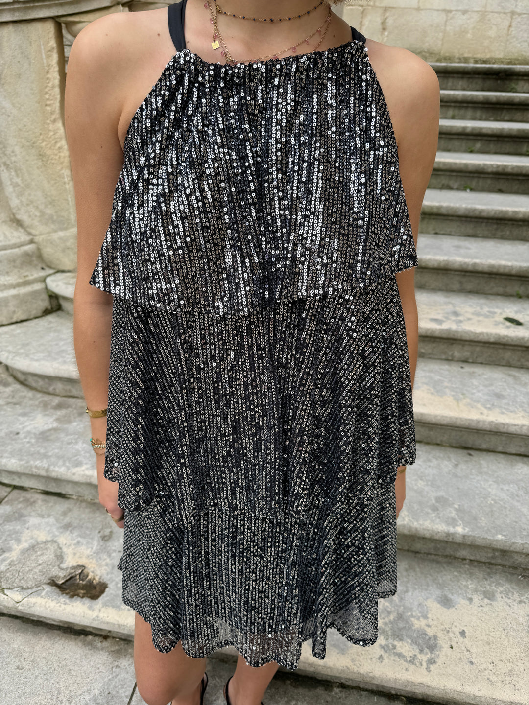 Robe à sequins argent trapèze ENORA