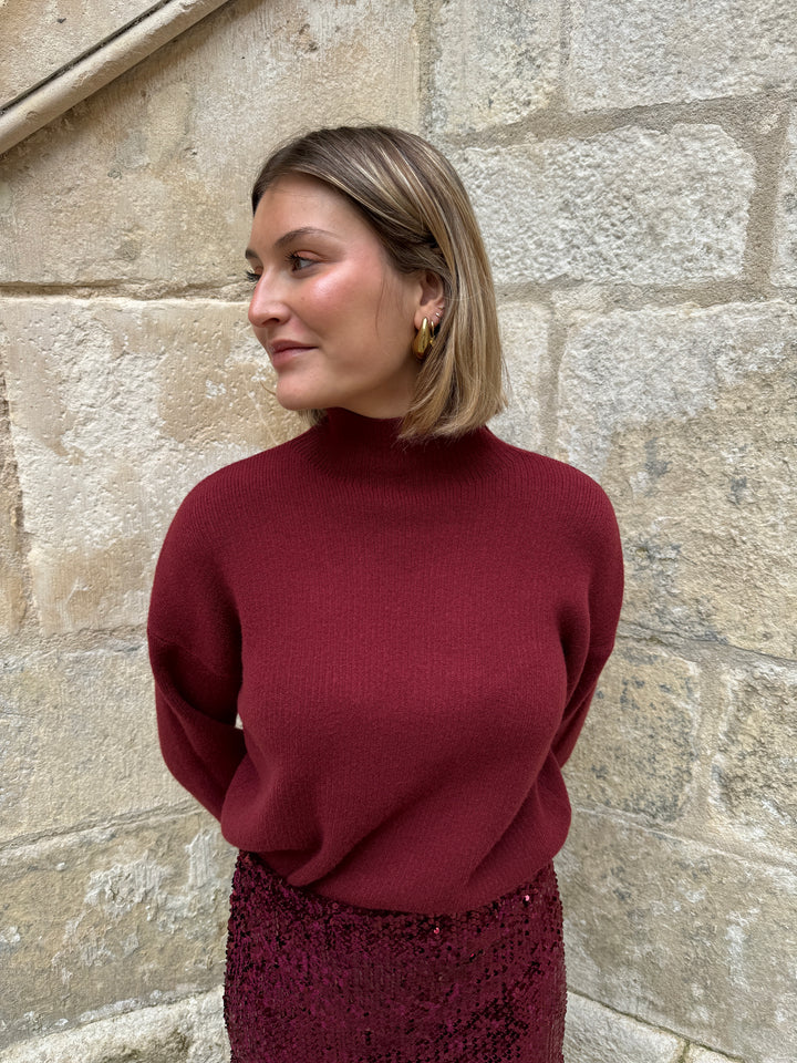 Pull bordeaux col cheminée ABELLE