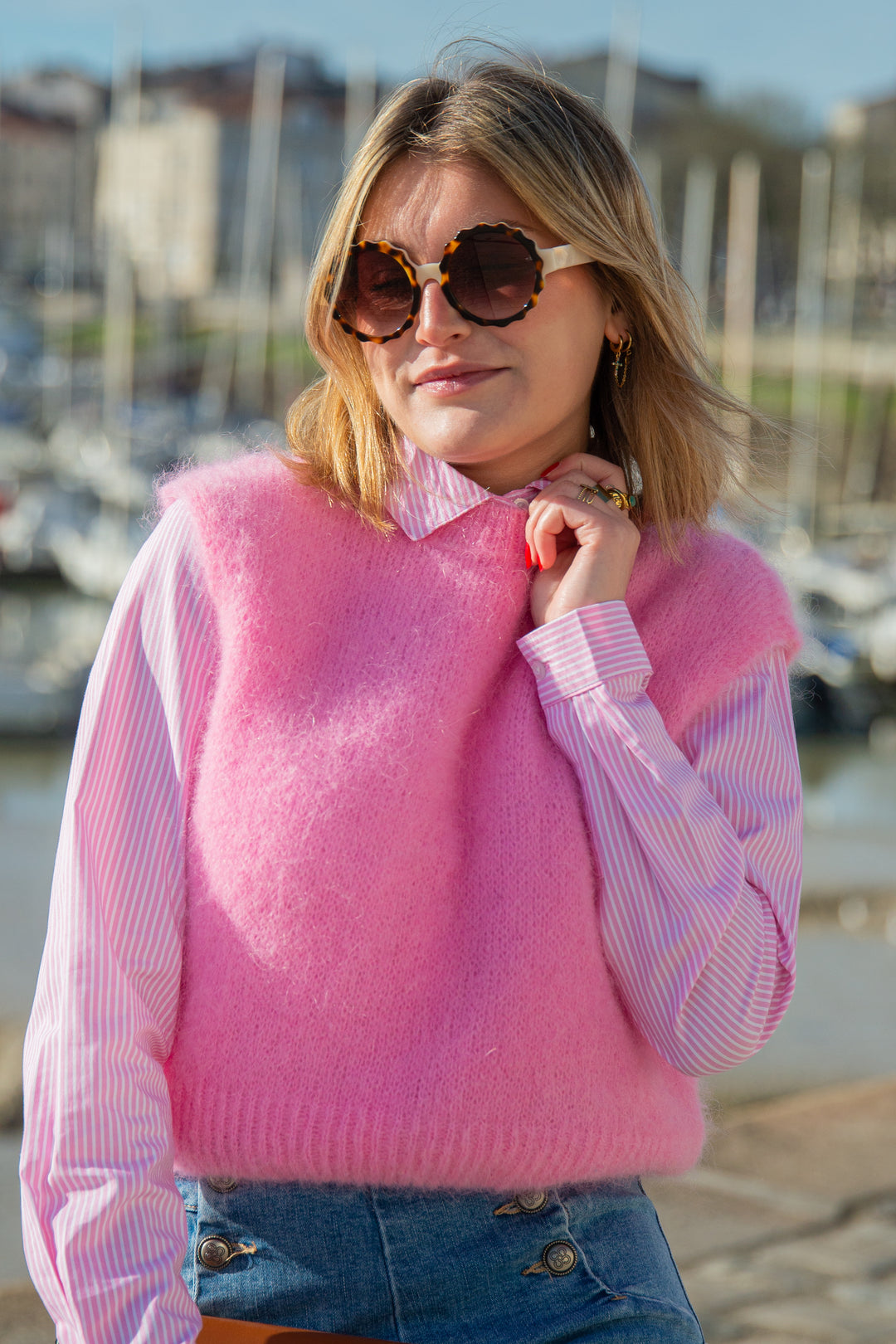 Pull sans manche rose col rond ARIELLA