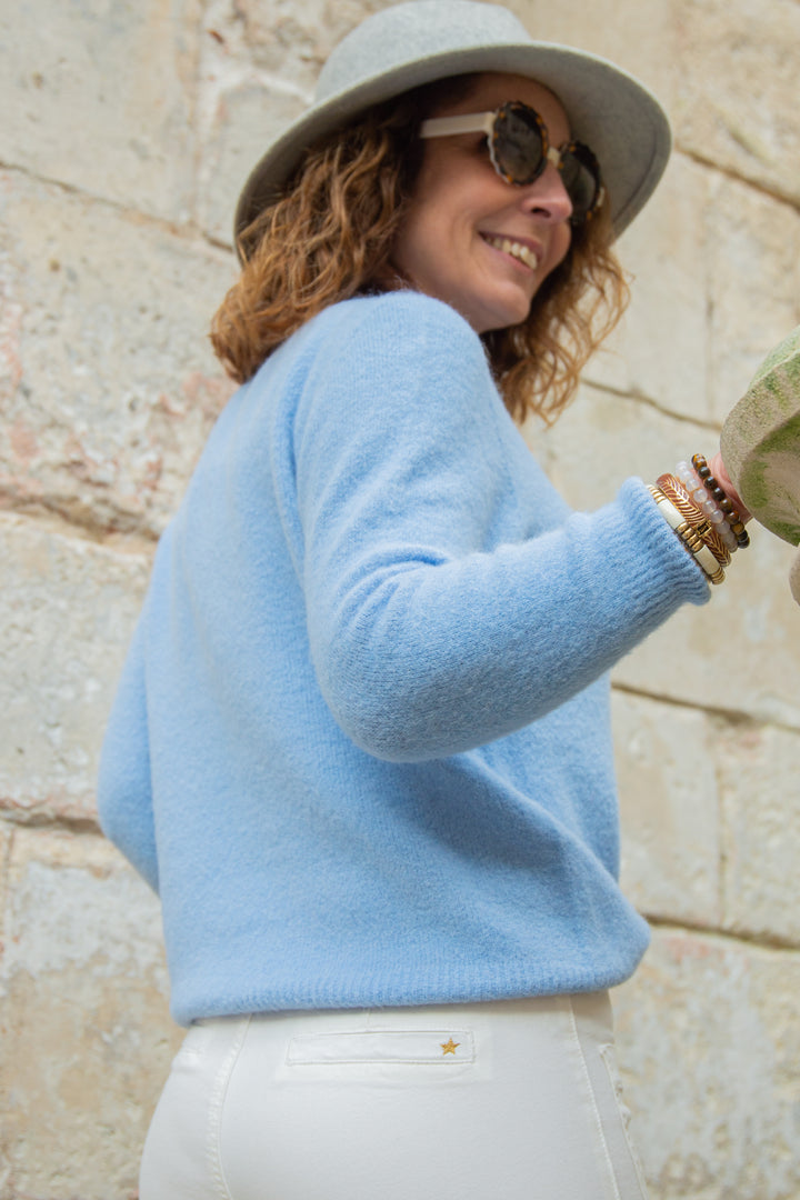 Pull bleu ciel col rond alpaga CAROLINE