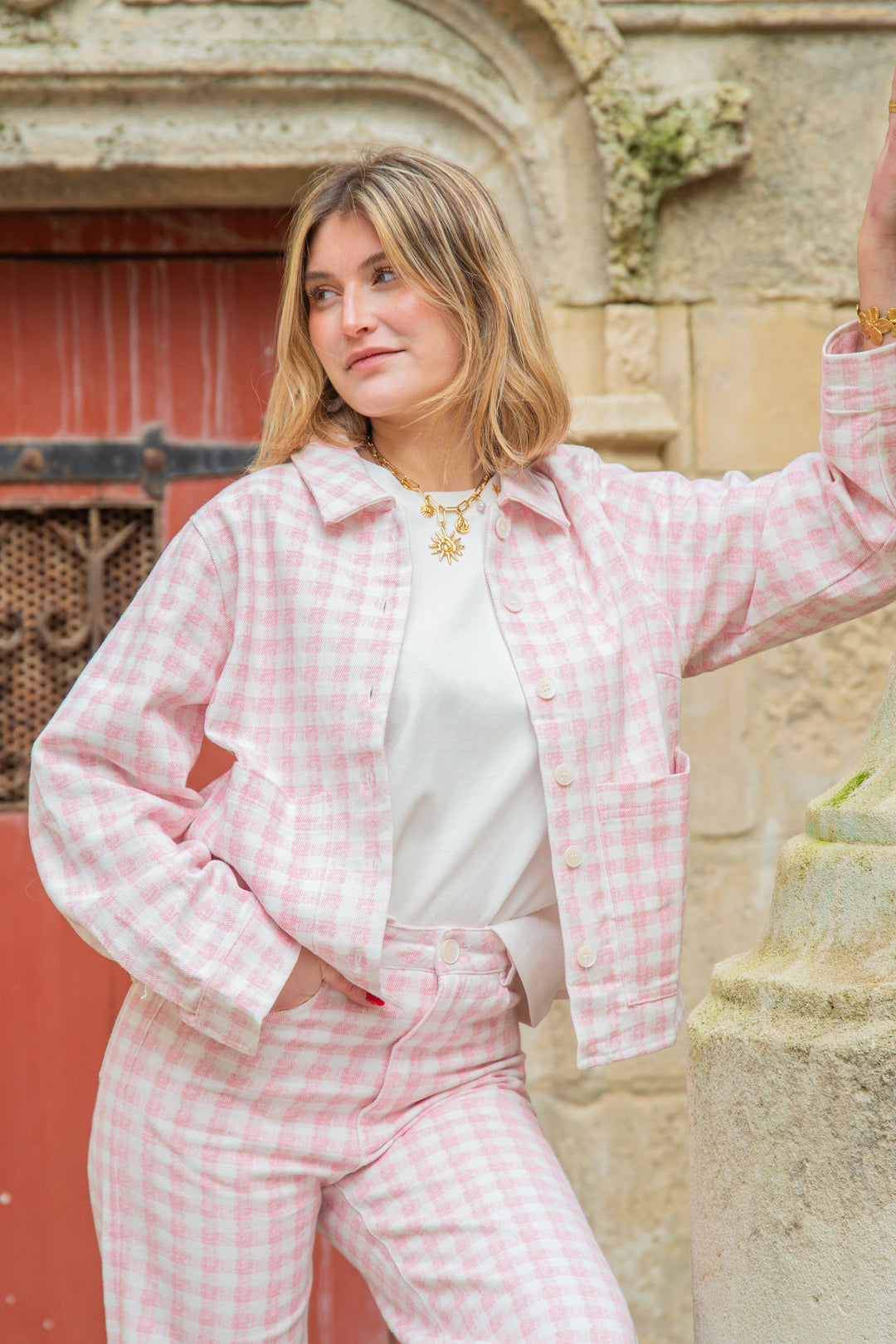 Veste à carreaux vichy rose et blanc STELLA