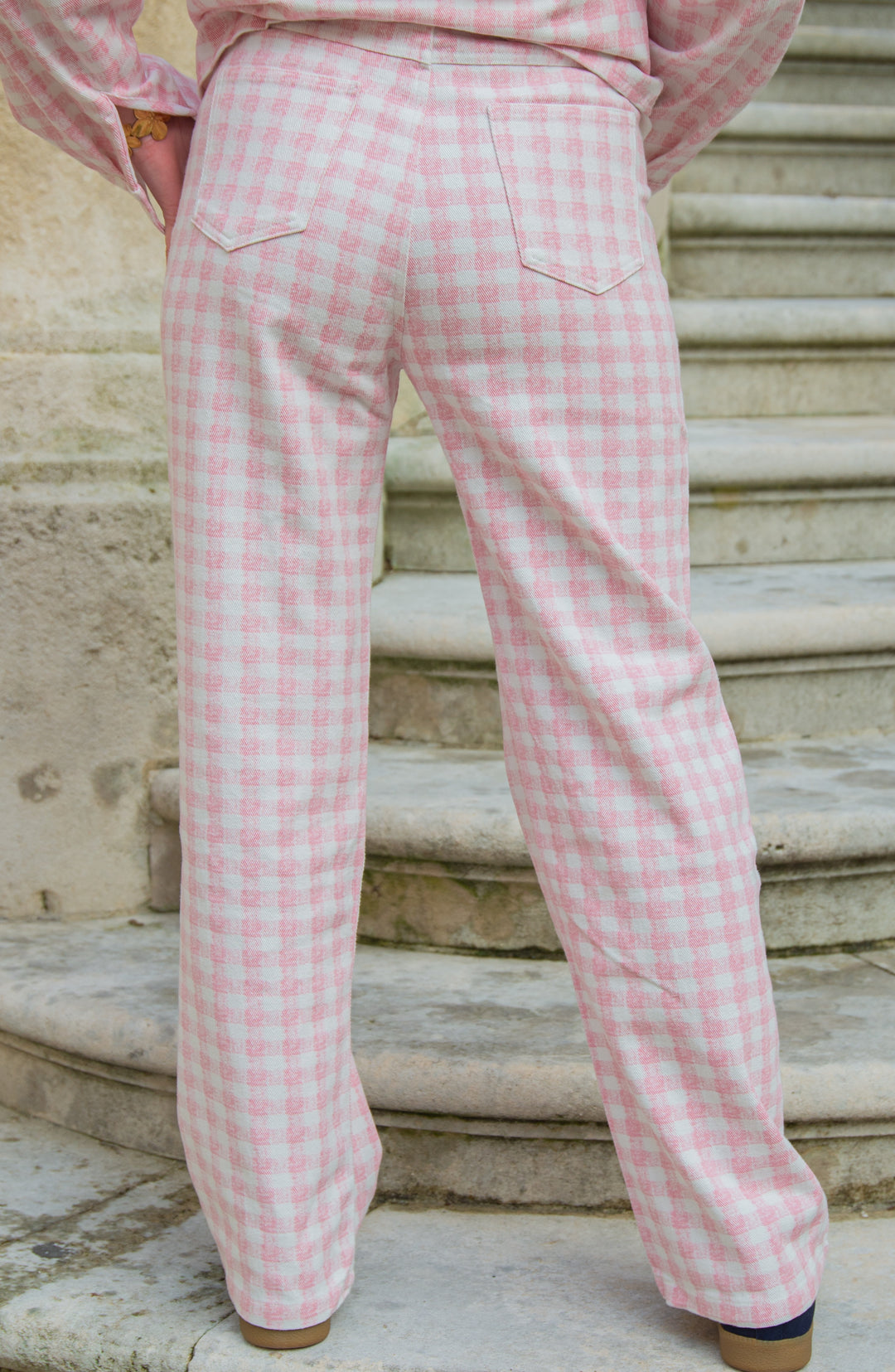 Pantalon à carreaux vichy rose et blanc coupe droite LAURINA