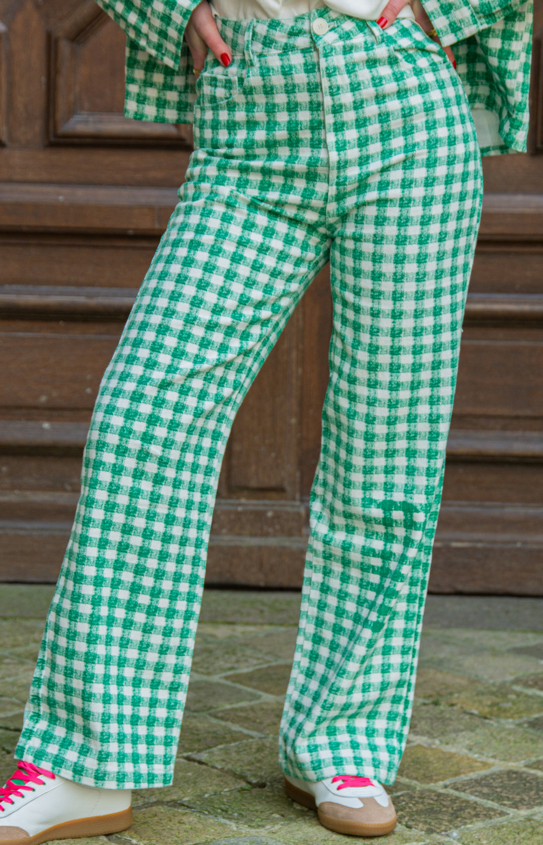 Pantalon à carreaux vichy vert et blanc coupe droite LAURINA