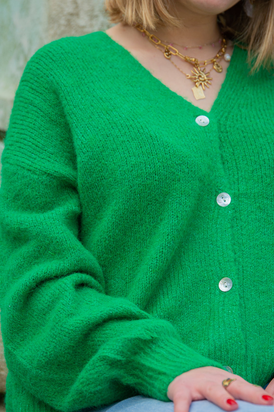 Gilet vert brésil en maille col V VALENTINE