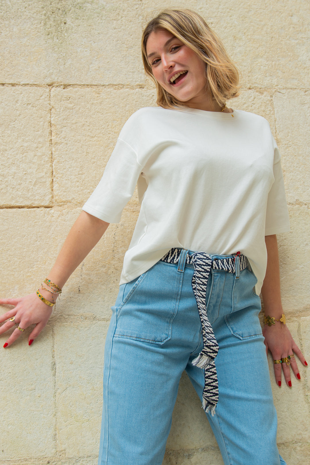 Jean stone ceinture tressée marine et blanc MARISOL La Petite Etoile