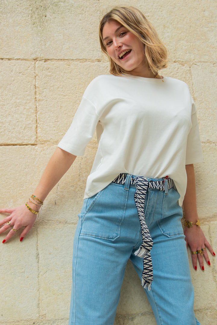 Jean stone ceinture tressée marine et blanc MARISOL La Petite Etoile