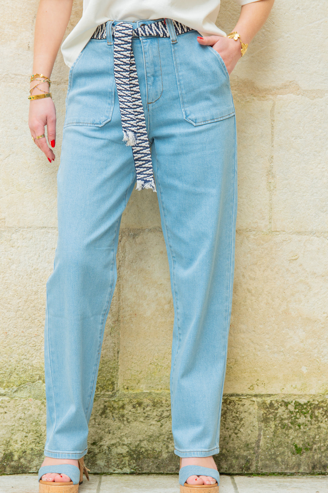 Jean stone ceinture tressée marine et blanc MARISOL La Petite Etoile