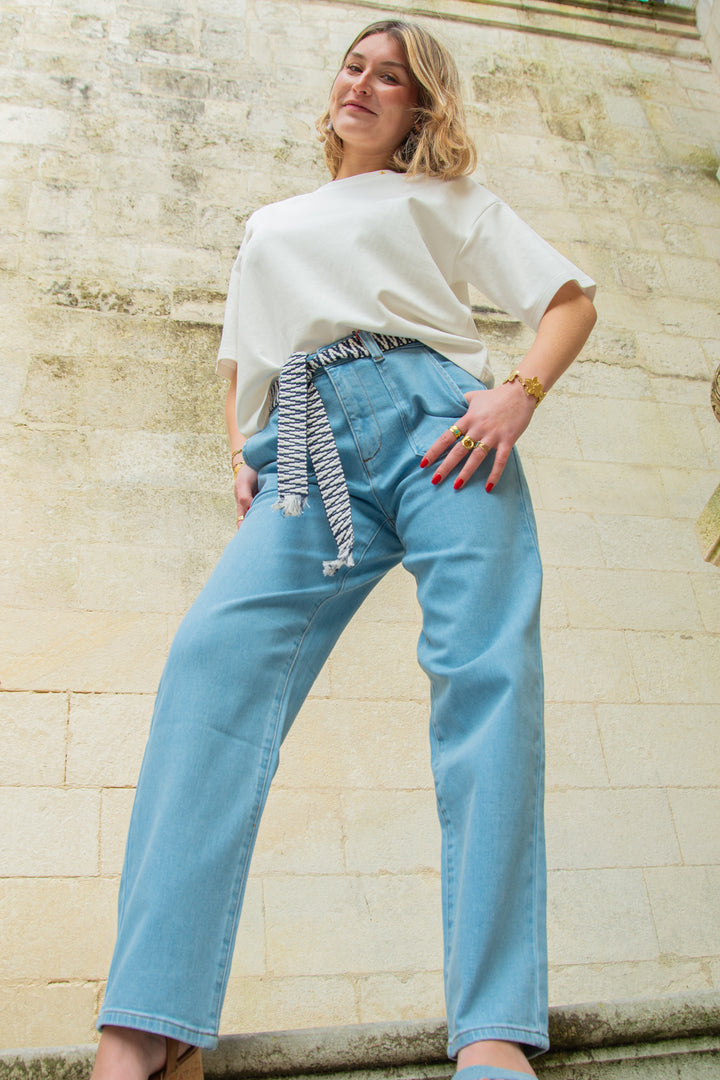 Jean stone ceinture tressée marine et blanc MARISOL La Petite Etoile