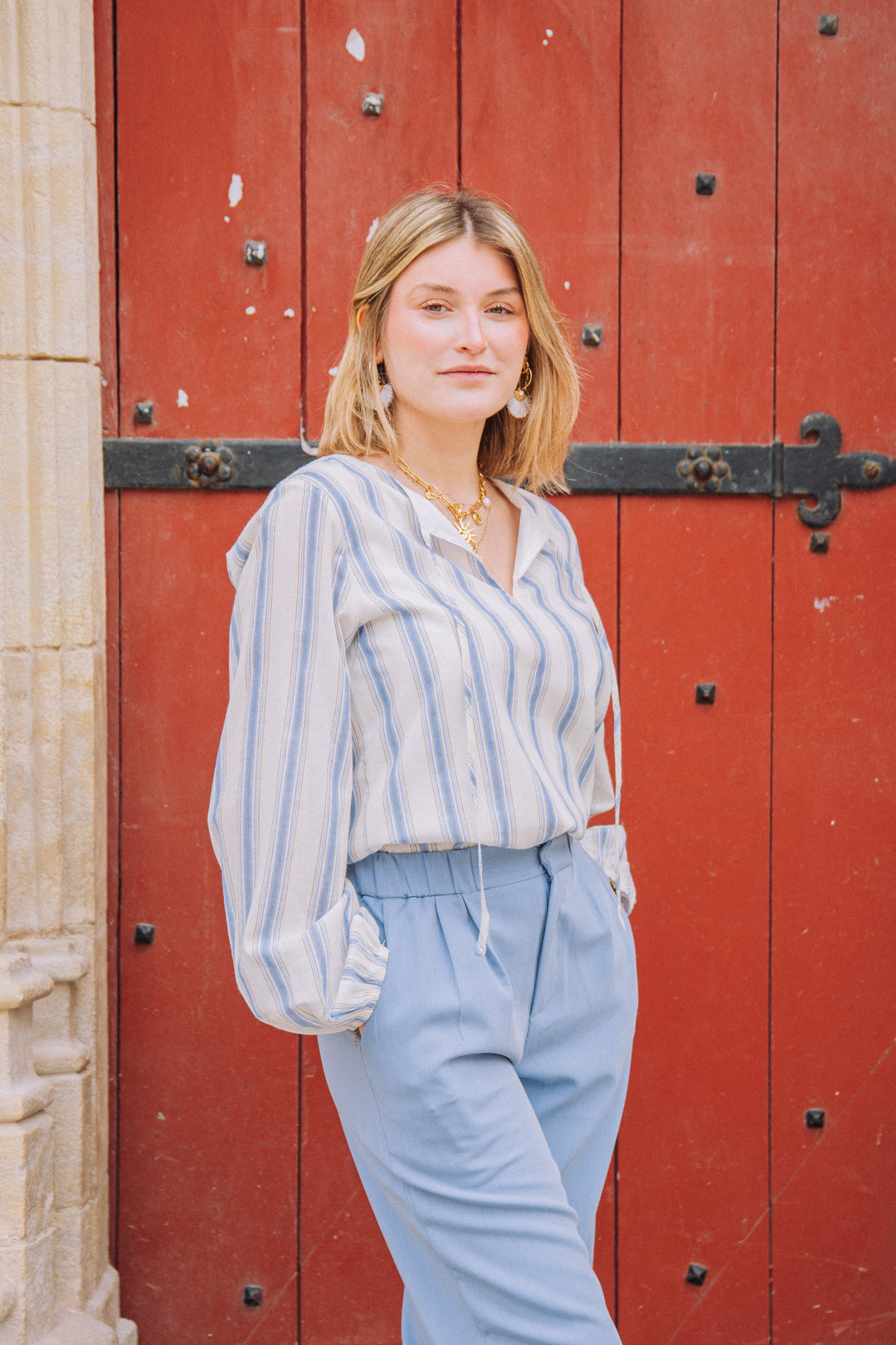 Blouse blanche à rayures bleu LISANDRA