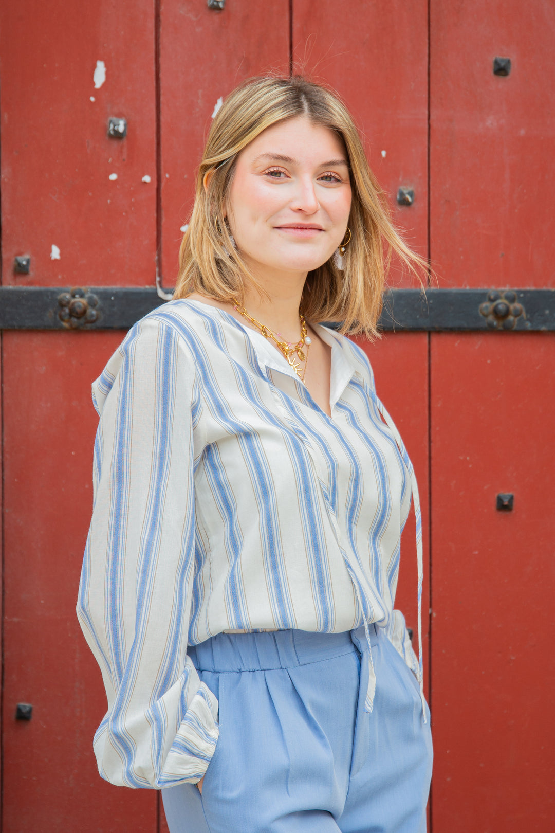 Blouse blanche à rayures bleu LISANDRA