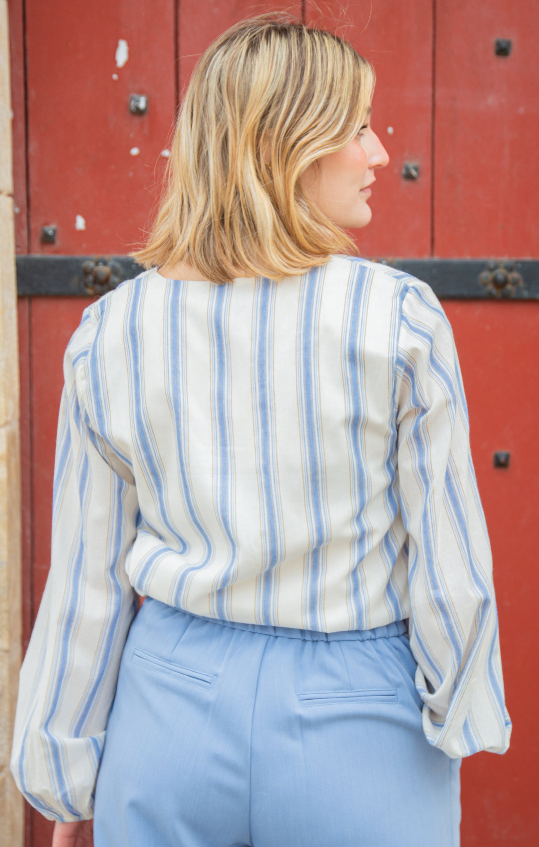 Blouse blanche à rayures bleu LISANDRA