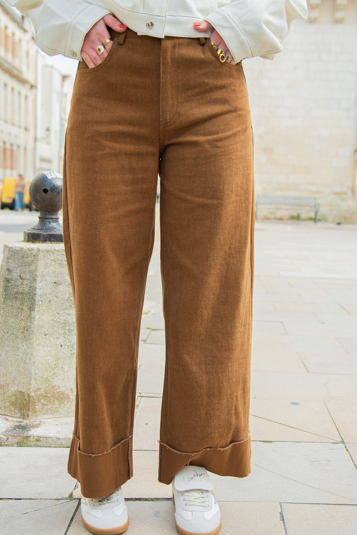 Pantalon marron ourlet large effiloché LELIA