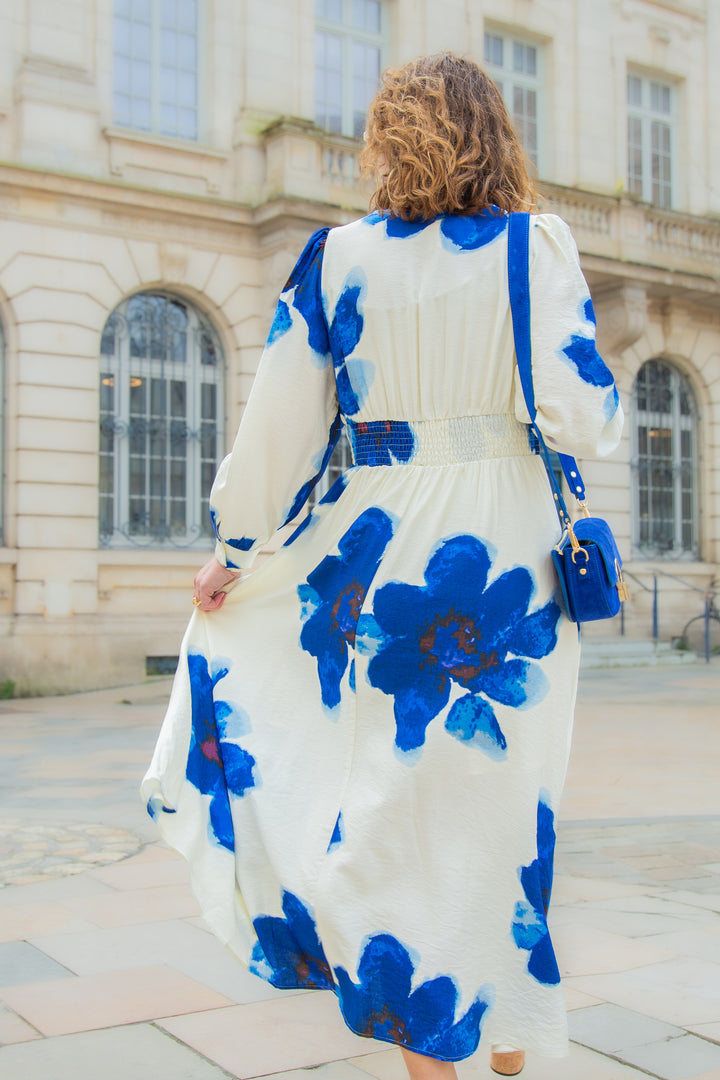 FRANCISCA königsblaues, ecrufarbenes Kleid mit Blumendruck