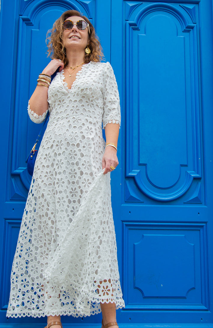 Robe blanche longue broderie floral CLARENCE