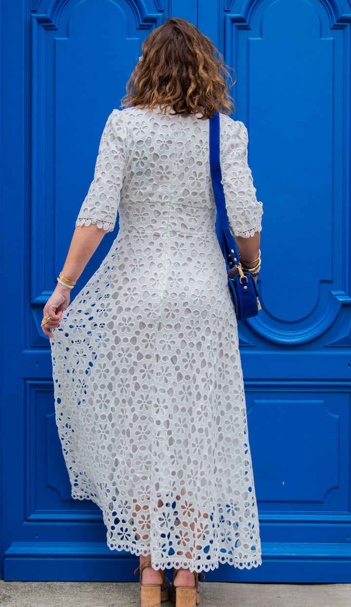 Robe blanche longue broderie floral CLARENCE