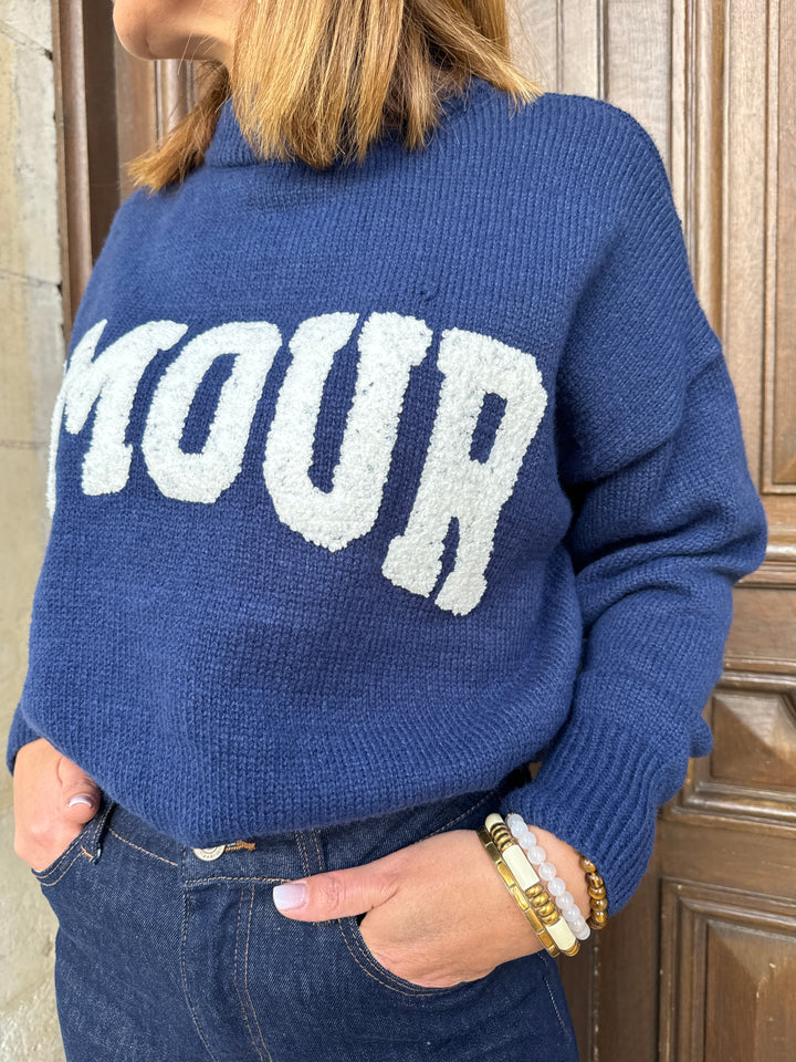 Pull en maille marine AMOUR blanc