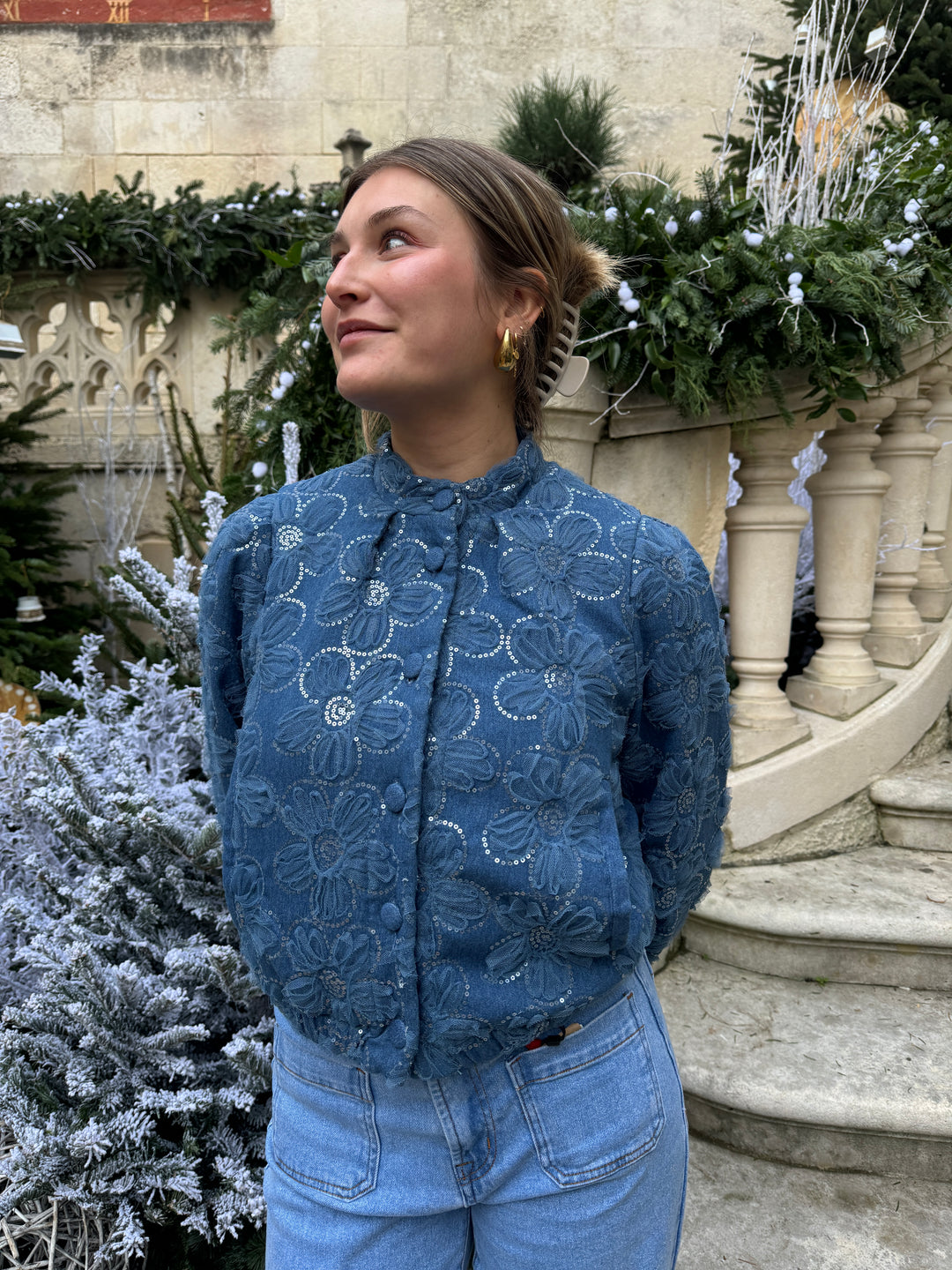 GIULIA blaue Jeans-Bomberjacke mit Blumenmuster