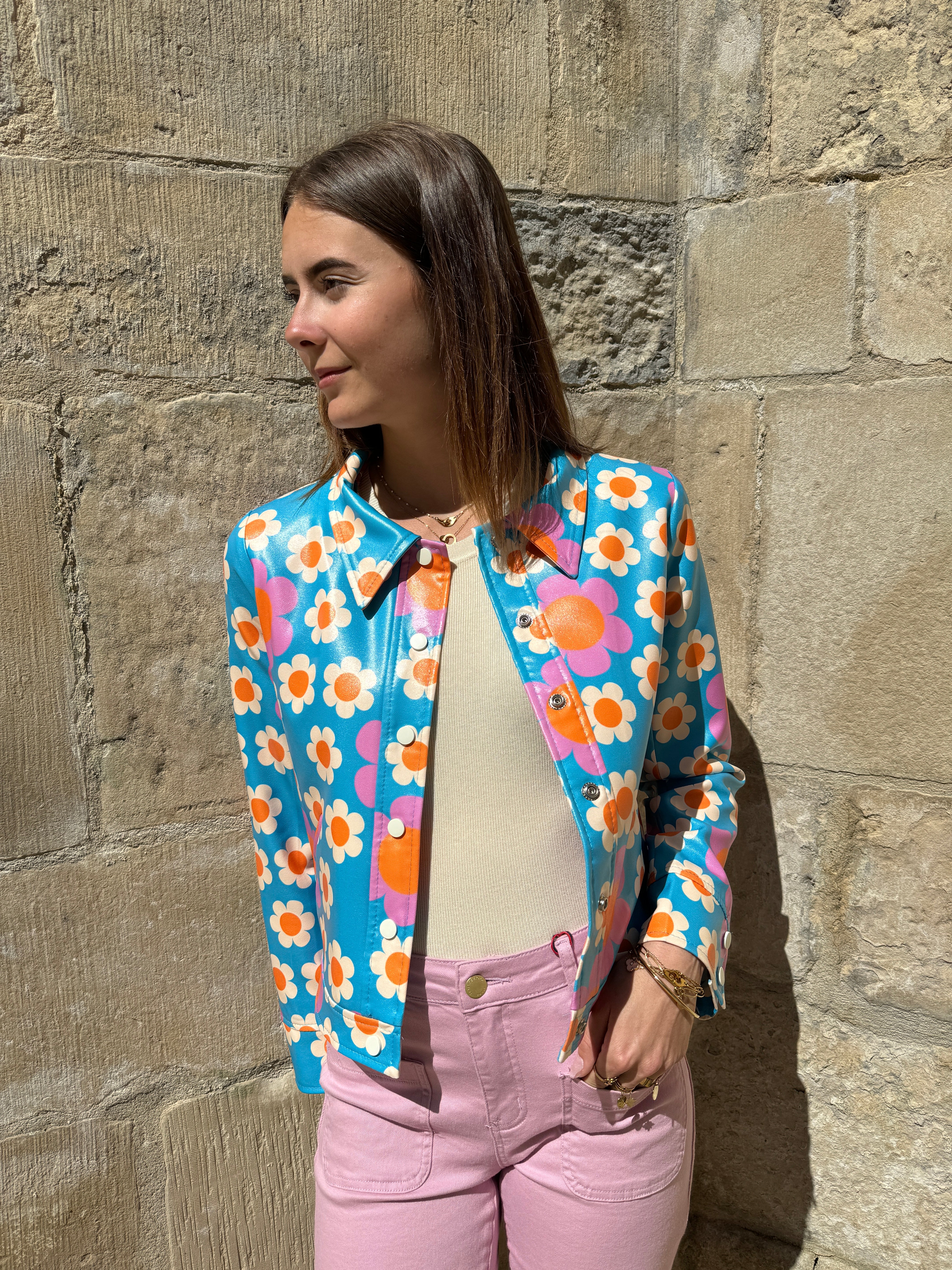 Veste vinyle a fleurs bleu FLOWER POWER Hippocampe