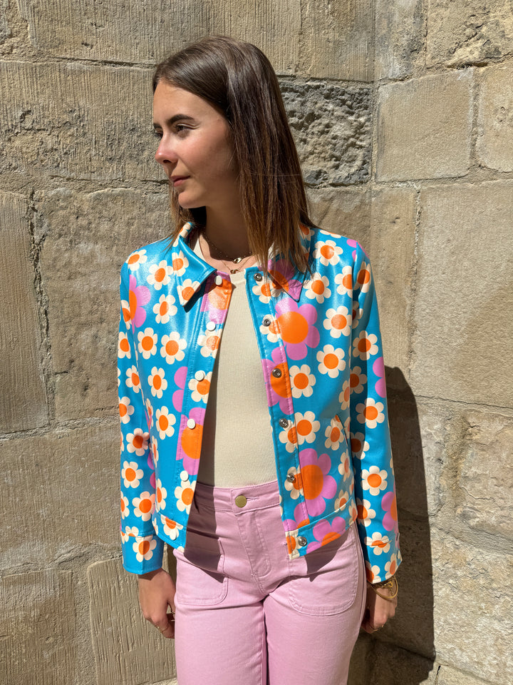 Veste vinyle à fleurs bleu FLOWER POWER