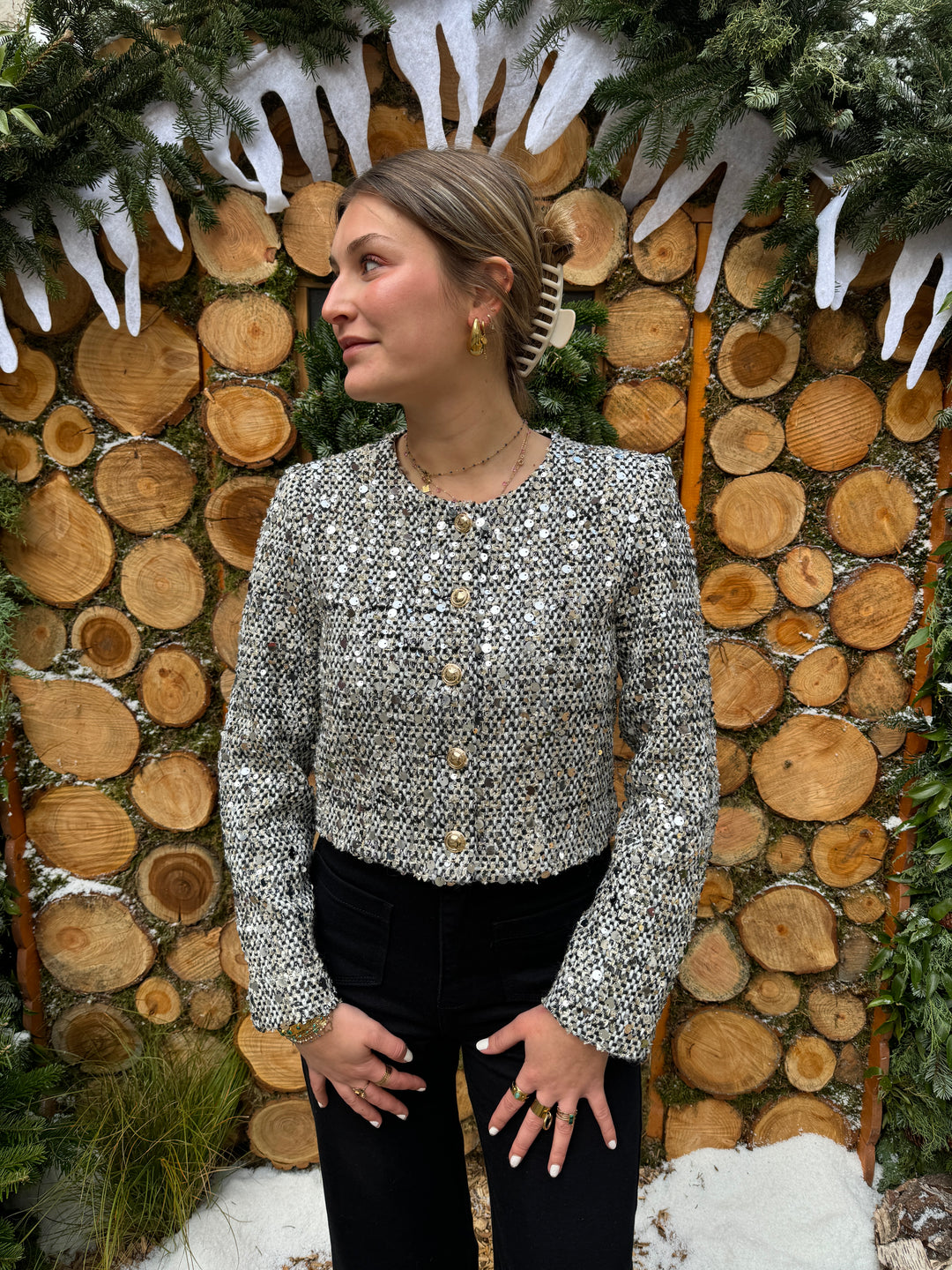 FRANCESCA silberne Tweed-Kurzjacke mit Pailletten