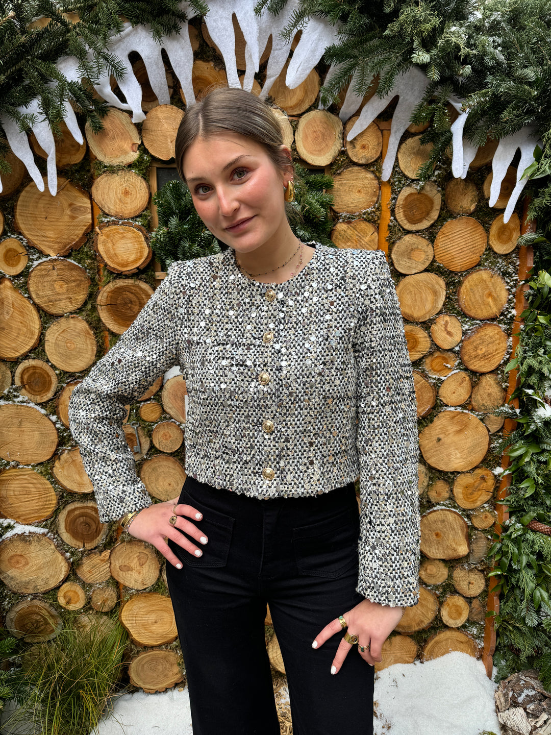 FRANCESCA silberne Tweed-Kurzjacke mit Pailletten