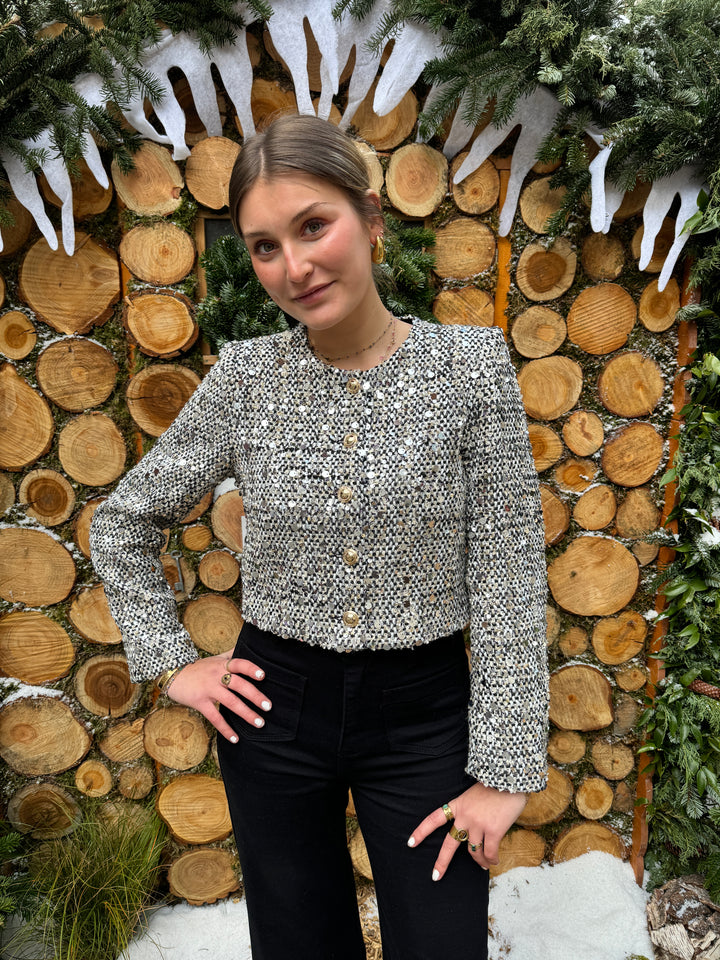 Veste courte tweed à sequins argenté FRANCESCA