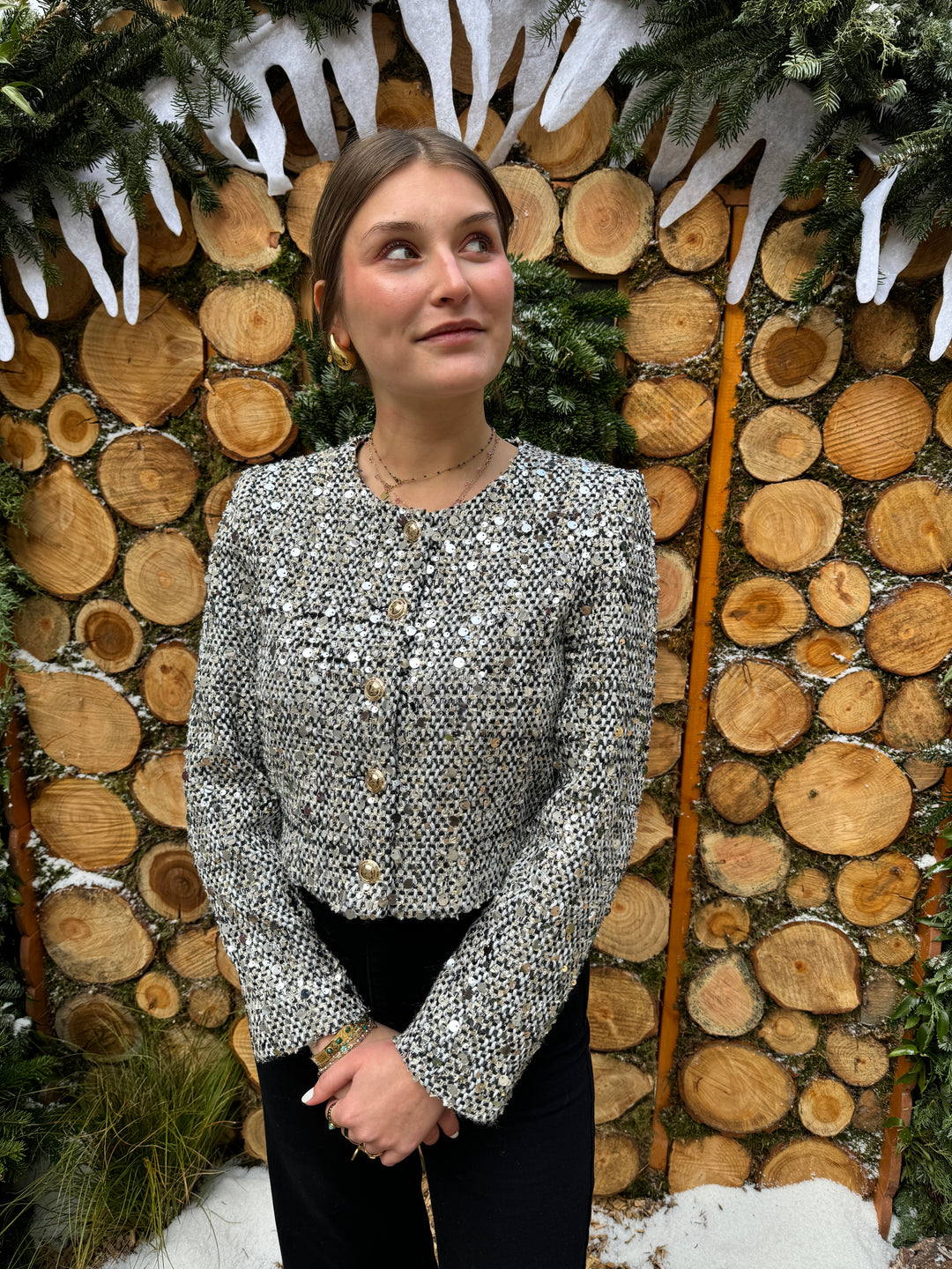 Veste courte tweed à sequins argenté FRANCESCA