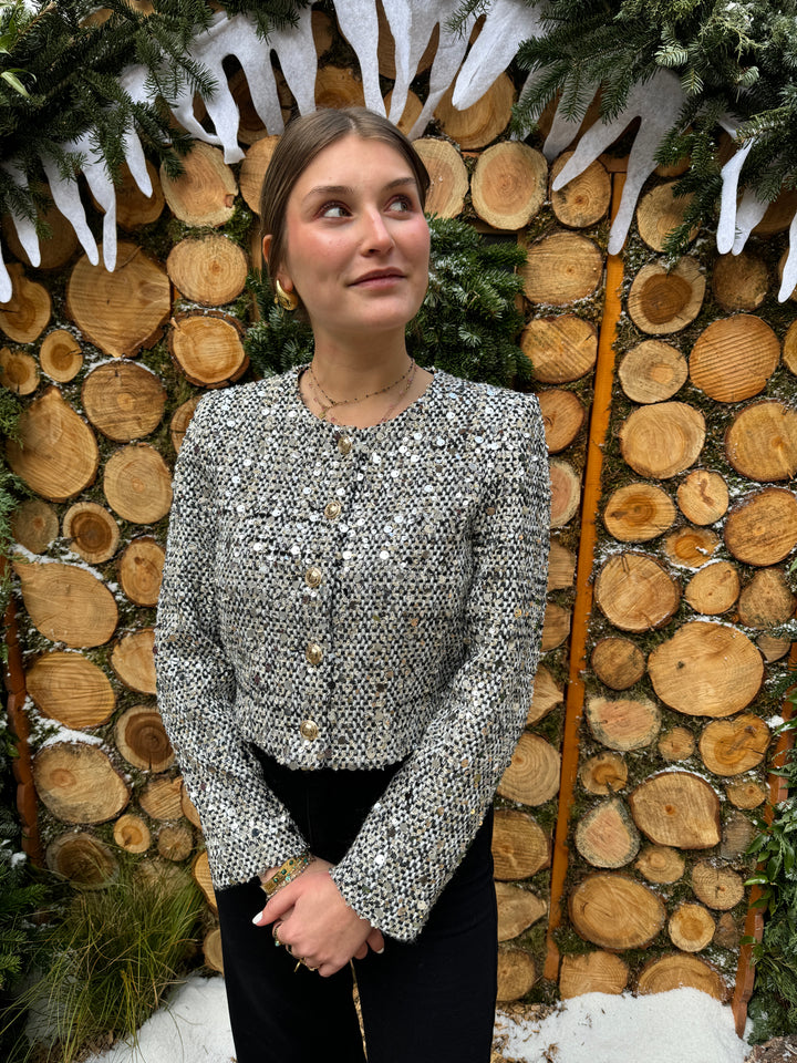 FRANCESCA silberne Tweed-Kurzjacke mit Pailletten