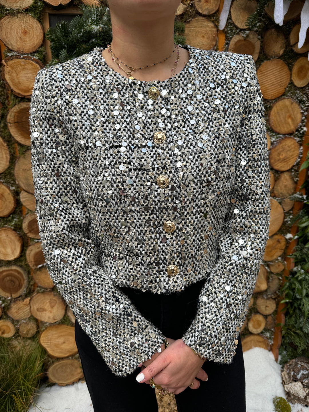 Veste courte tweed à sequins argenté FRANCESCA