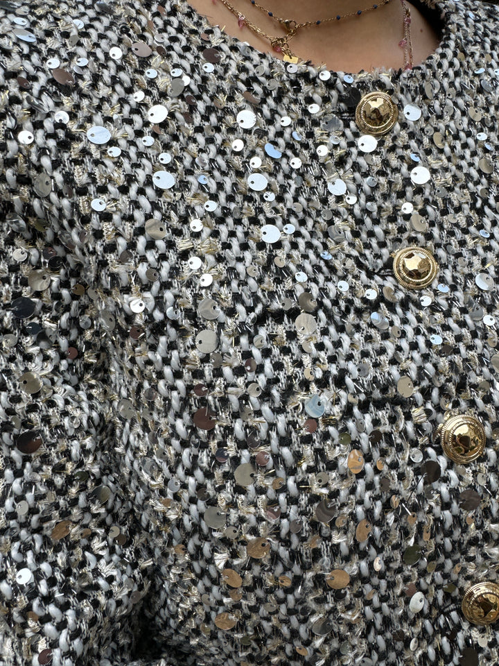 Veste courte tweed à sequins argenté FRANCESCA