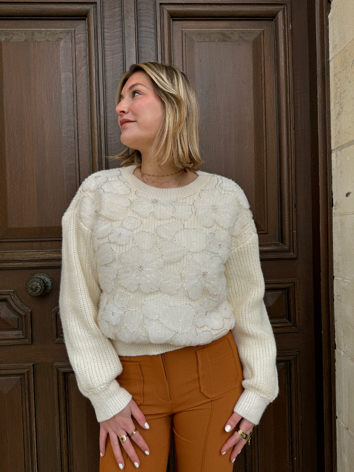 Pull en maille écru à fleurs en tulle LORENA