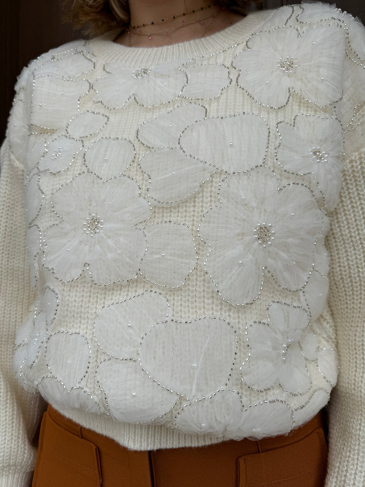 Pull en maille écru à fleurs en tulle LORENA