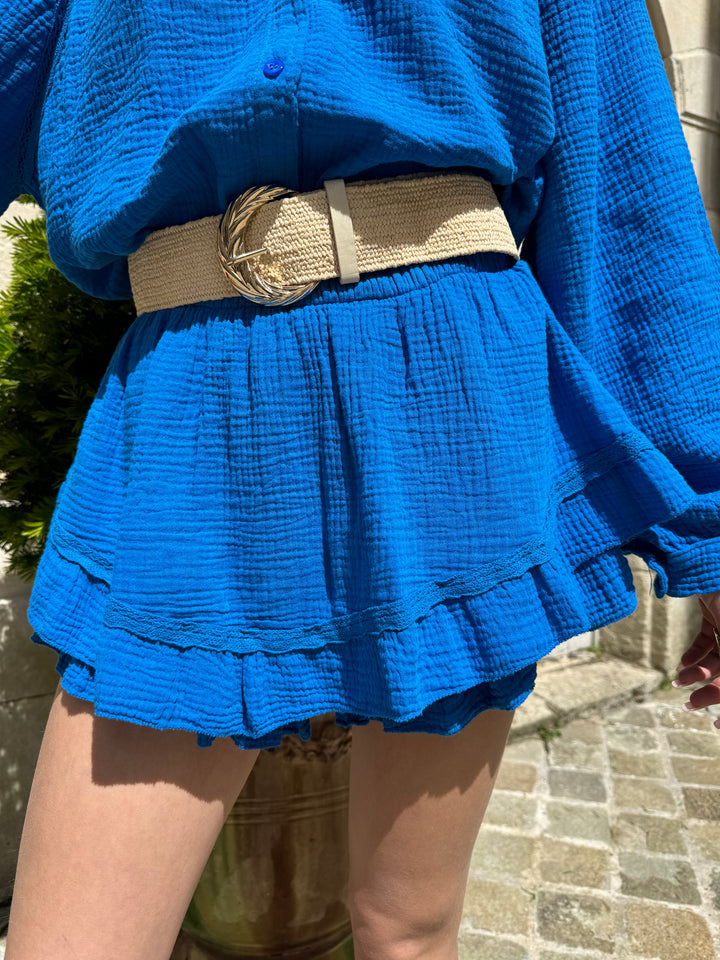 Jupe short gaze de coton bleu roi ELINE