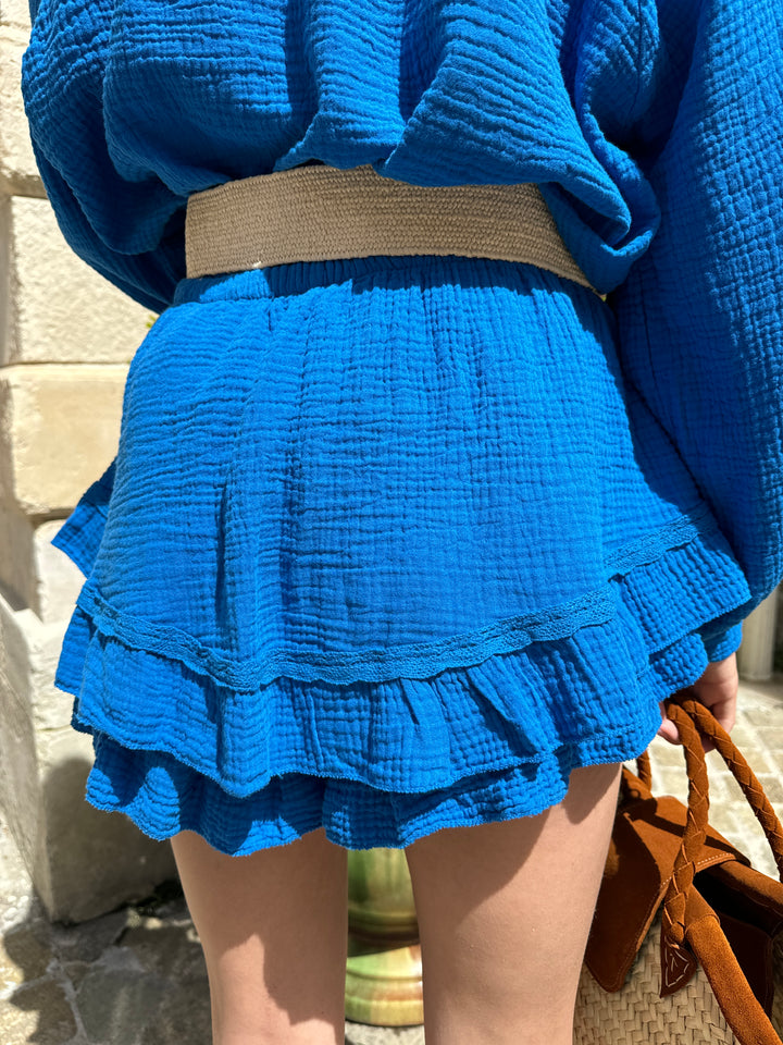 Jupe short gaze de coton bleu roi ELINE