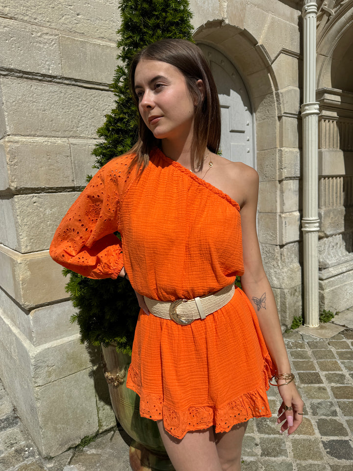 Combi-short asymétrique gaze de coton orange LOLITA