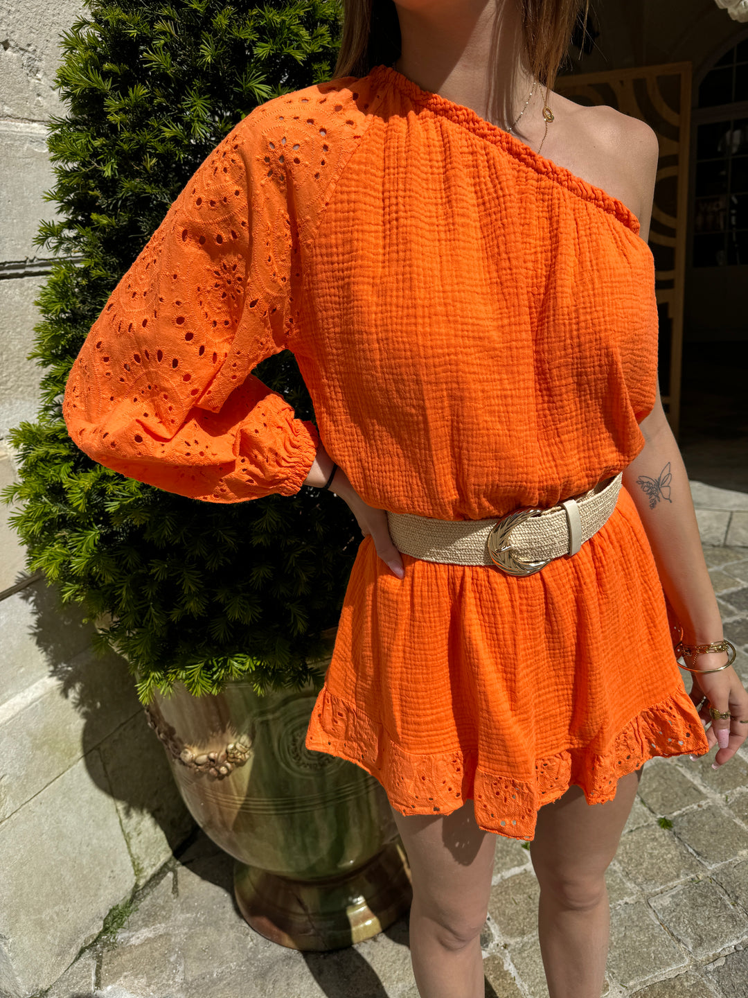 Combi-short asymétrique gaze de coton orange LOLITA