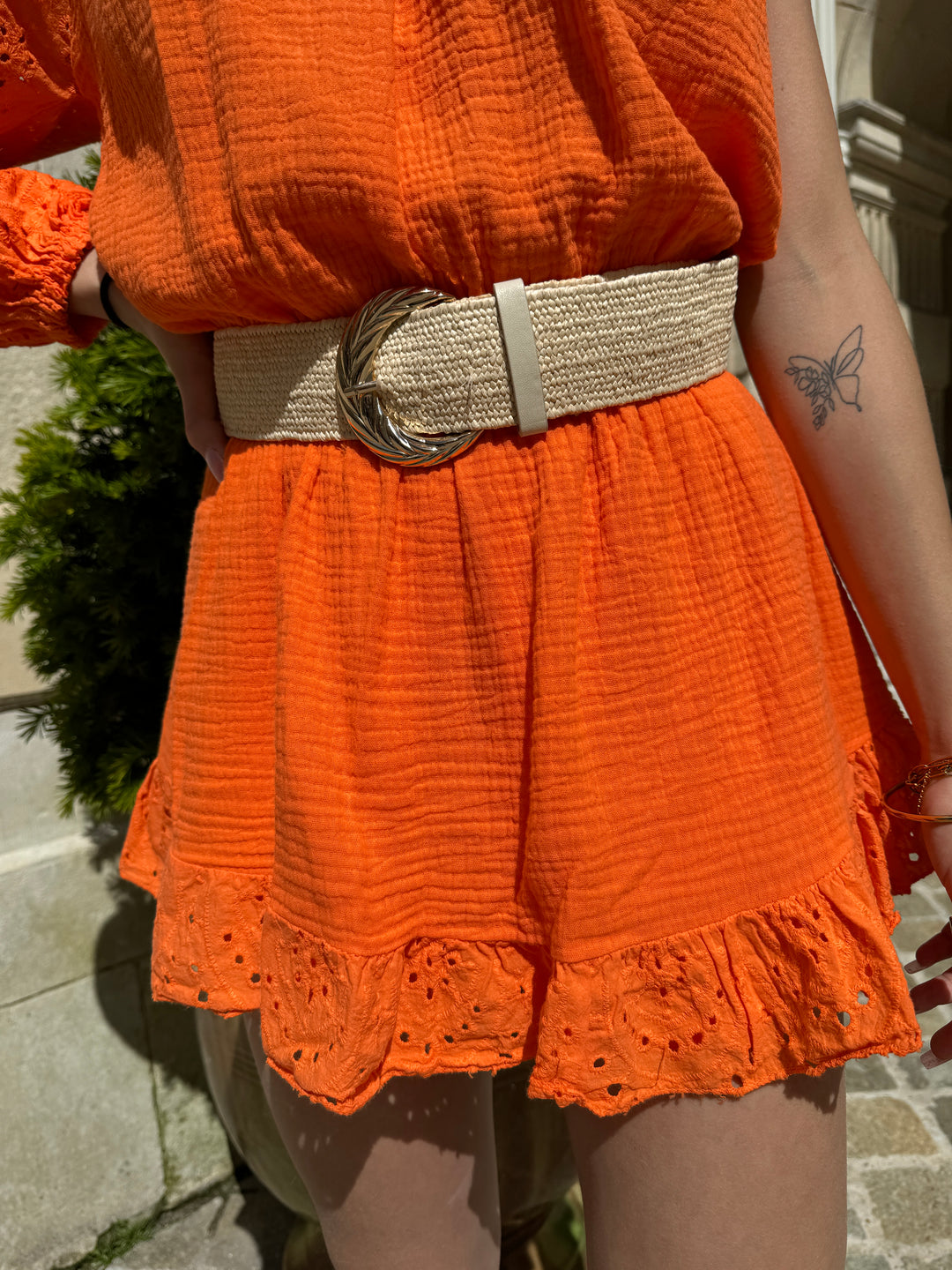 Combi-short asymétrique gaze de coton orange LOLITA