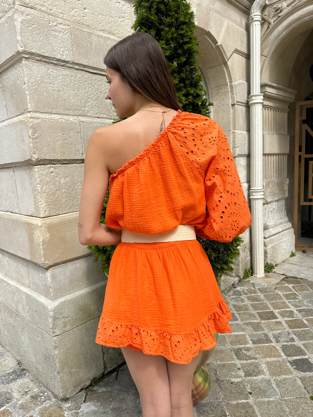 Combi-short asymétrique gaze de coton orange LOLITA