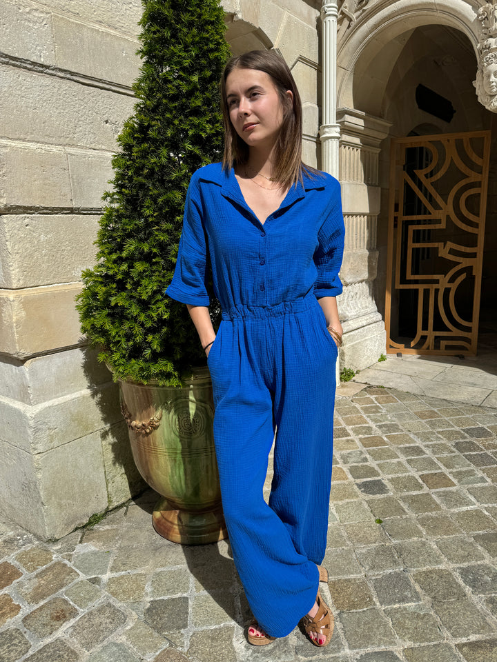 Combi-pantalon gaze de coton bleu roi DAYANA